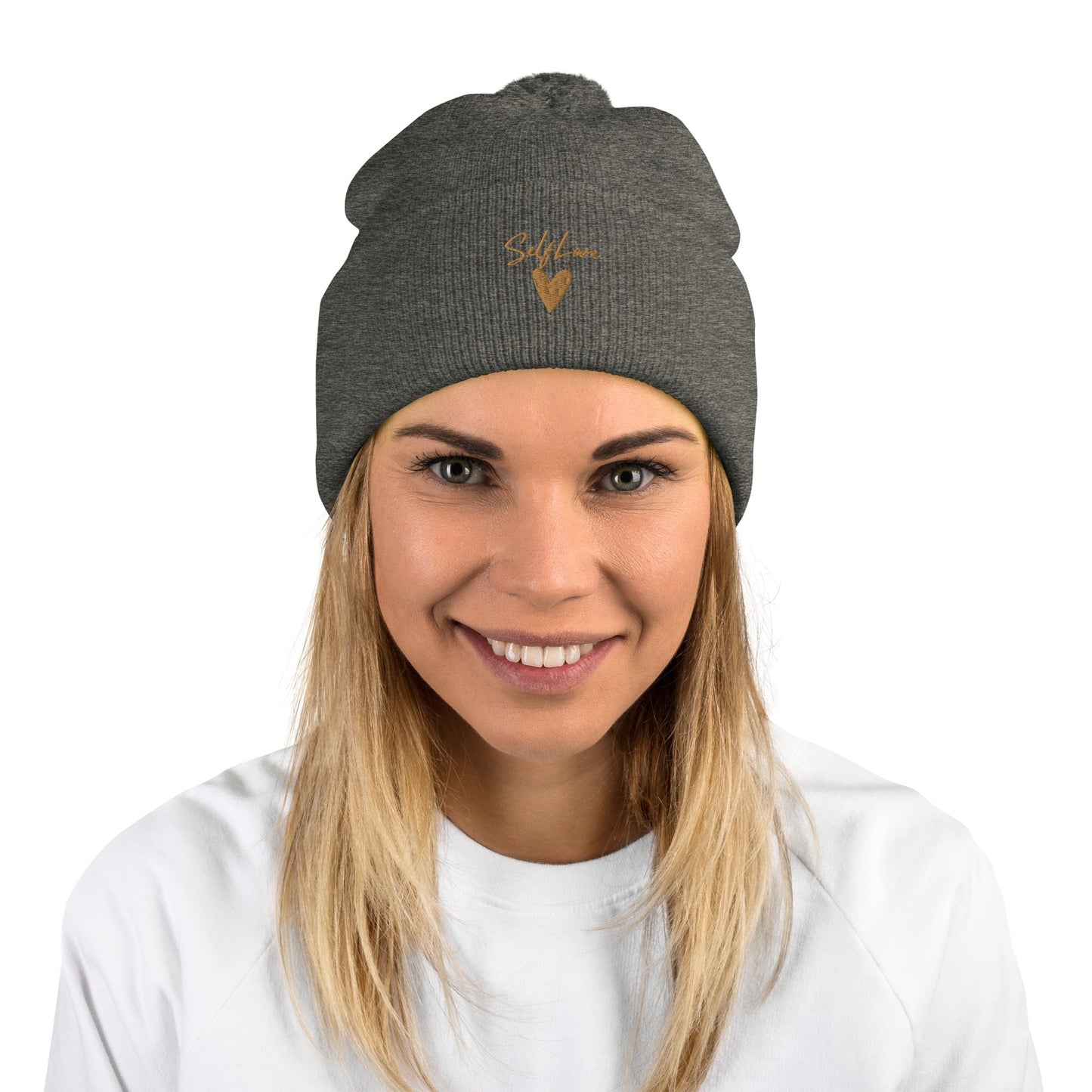 Self Love Pom-Pom Beanie - Women's Beanie with Embroidery