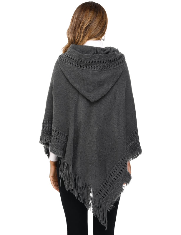 Women's Ethnic Fringe Hooded Knit Cape Shawl - Executive-Skincare