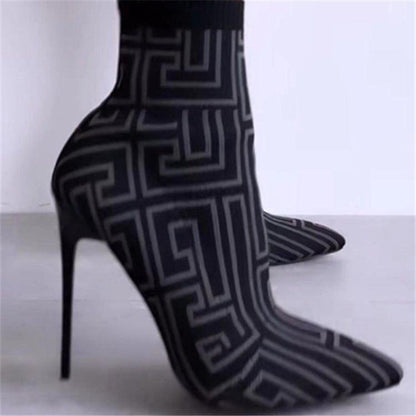 Fashion Ankle Boots Women Thigh High Heel Boots Pointed Toe Print Shoes - Executive-Skincare