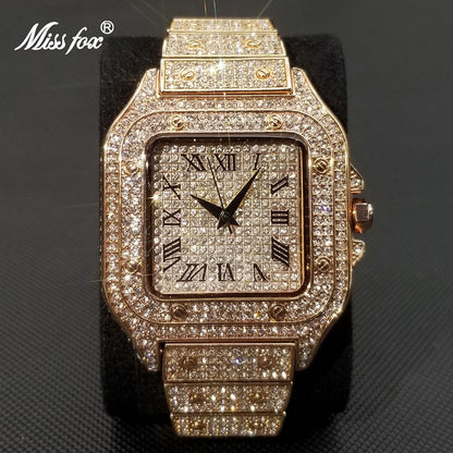 MISSFOX Ice Out Square Watch For Men Top Brand Luxury Full Diamond Mens Watches Ultra Thin Waterproof Hip Hop Clock - Executive-Skincare