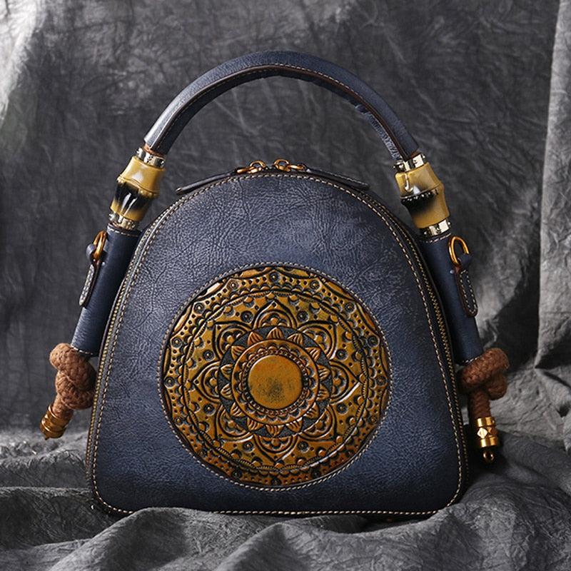 High Quality Genuine Embossed Leather Top Handle Bag Retro Handbag Totem Pattern Natural Skin Women Shoulder Tote Messenger Bags - Executive-Skincare