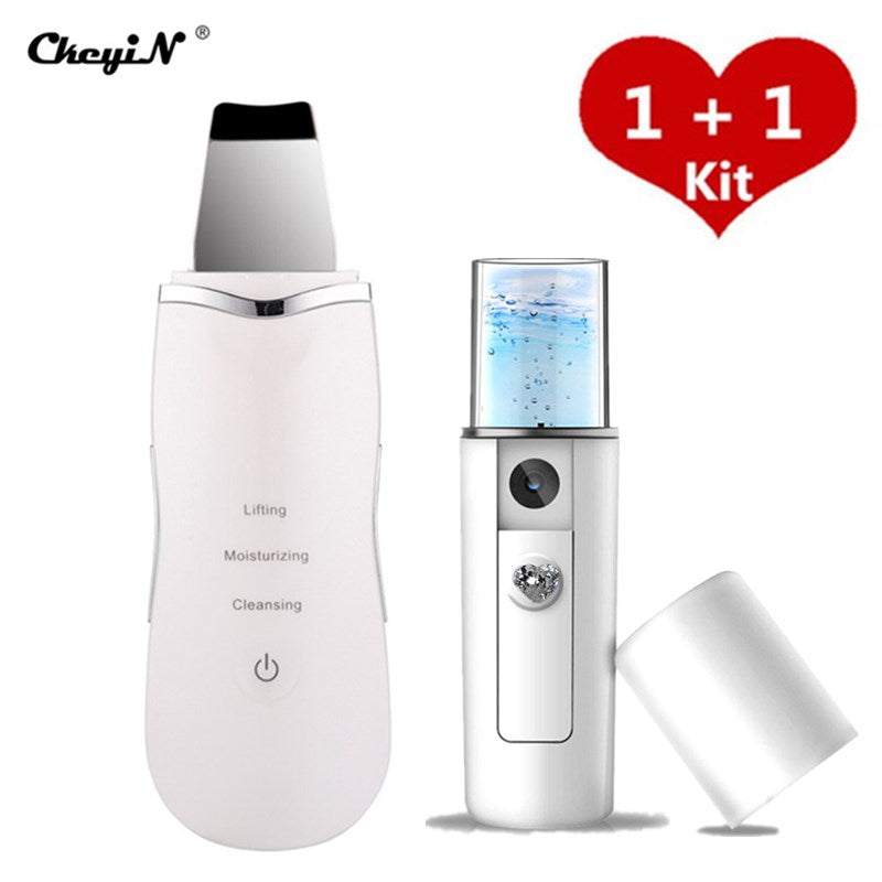 Ultrasonic Skin Scrubber Skin Peeling Extractor Facial Deep Cleaning Beauty Device + Skin Rejuvenation Nano Face Mist Steamer 40 - Executive-Skincare