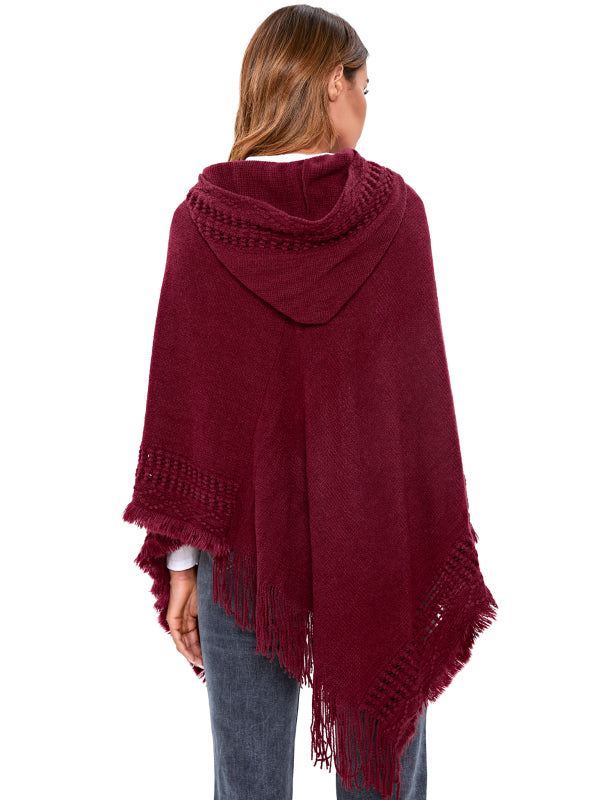 Women's Ethnic Fringe Hooded Knit Cape Shawl - Executive-Skincare