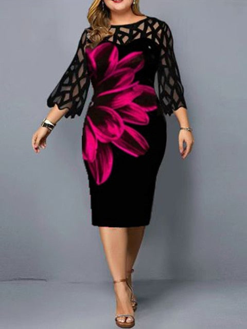 Plus Size Elegant Print Pencil Dress - Executive-Skincare