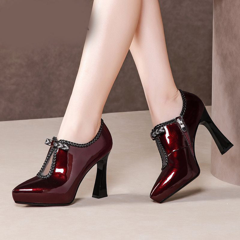 Block-heel Deep Patent Leather Low-top High Heels - Executive-Skincare