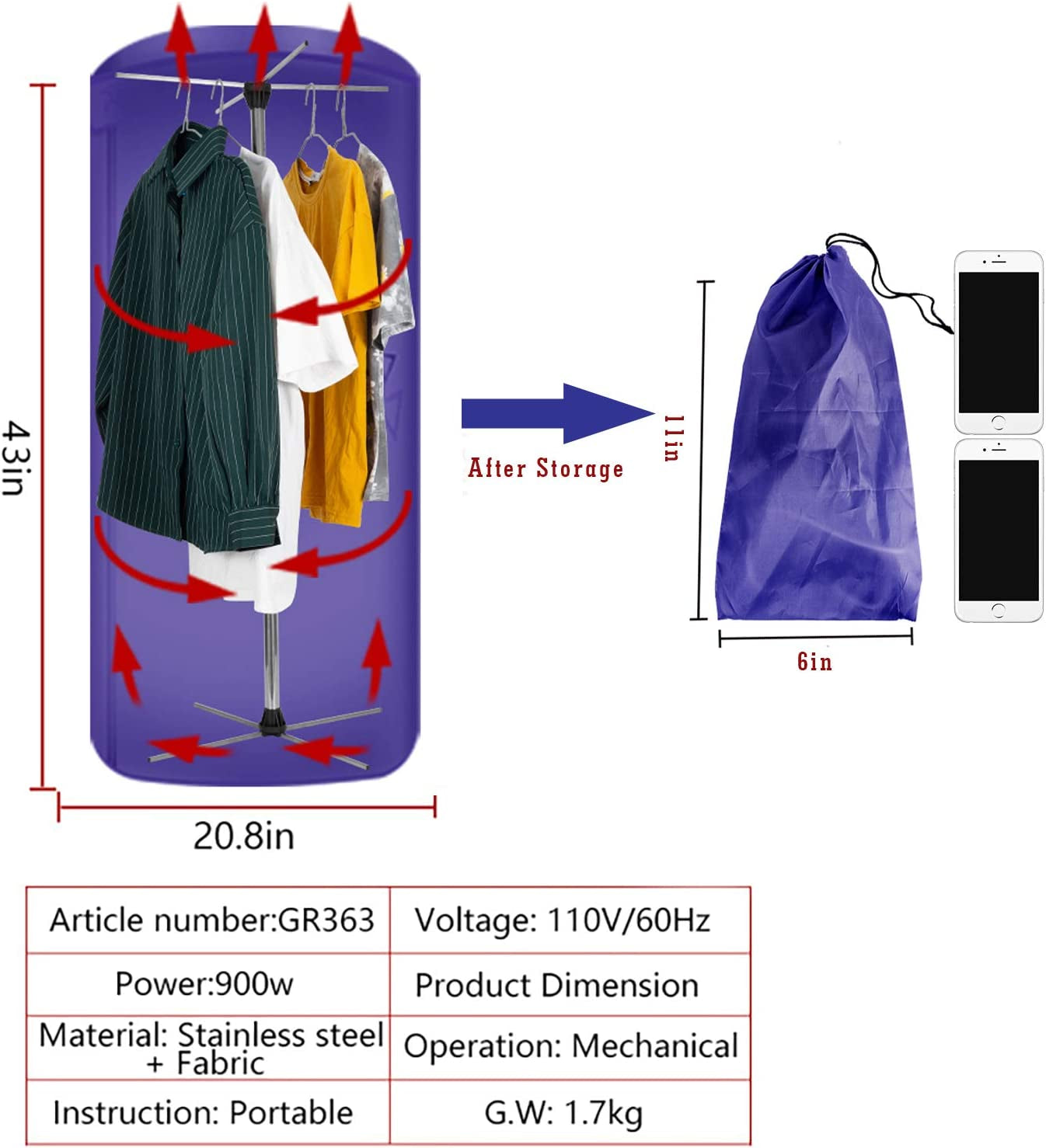 Clothes Dryer Portable Travel Mini 900W Dryer Machine,Portable Dryer for Apartments, New Generation Electric Clothes Drying