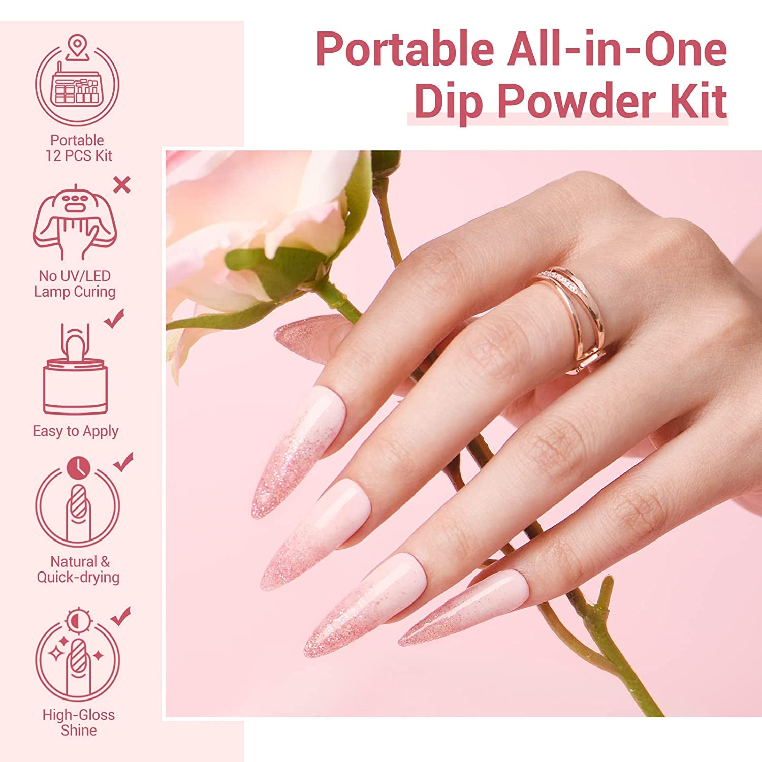 Dip Powder Nail Kit Starter, Nude Pink Glitter Neutral Skin Transparent, 4 Colors Dipping Powder Set All Seasons, French Nail Art Base Top Coat Activator Essential Liquid Manicure DIY Salon 12 PCS