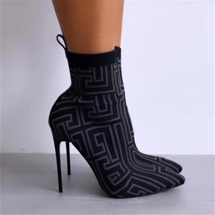 Fashion Ankle Boots Women Thigh High Heel Boots Pointed Toe Print Shoes - Executive-Skincare