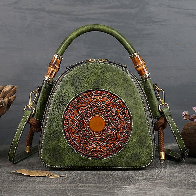 High Quality Genuine Embossed Leather Top Handle Bag Retro Handbag Totem Pattern Natural Skin Women Shoulder Tote Messenger Bags - Executive-Skincare