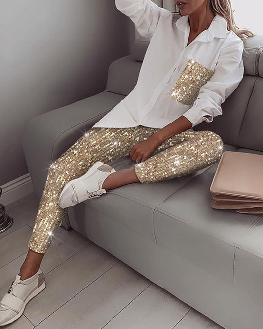 2 Piece Women Sets Sequins Long Sleeve Shirt Turn-down Collar Casual - Executive-Skincare