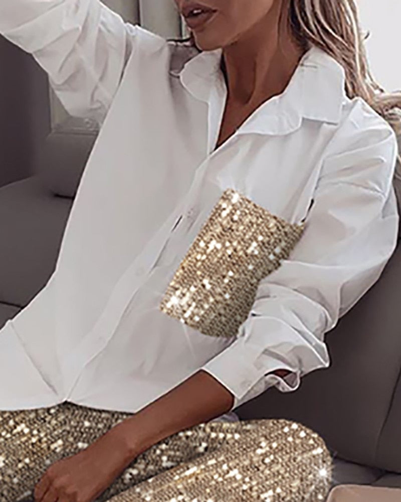 2 Piece Women Sets Sequins Long Sleeve Shirt Turn-down Collar Casual - Executive-Skincare