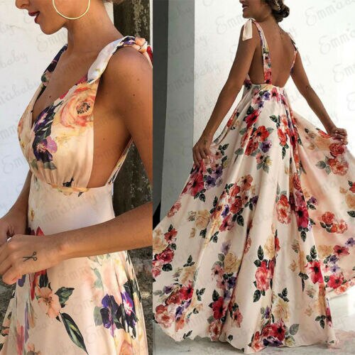 2019 Sexy Strappy Backless Floral Print Maxi Dress Women Boho Long - Executive-Skincare