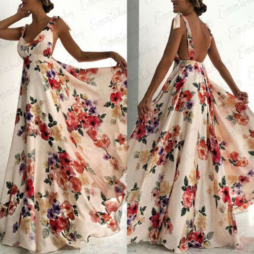 2019 Sexy Strappy Backless Floral Print Maxi Dress Women Boho Long - Executive-Skincare