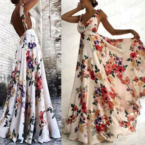 2019 Sexy Strappy Backless Floral Print Maxi Dress Women Boho Long - Executive-Skincare