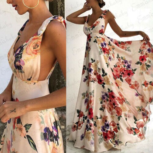 2019 Sexy Strappy Backless Floral Print Maxi Dress Women Boho Long - Executive-Skincare