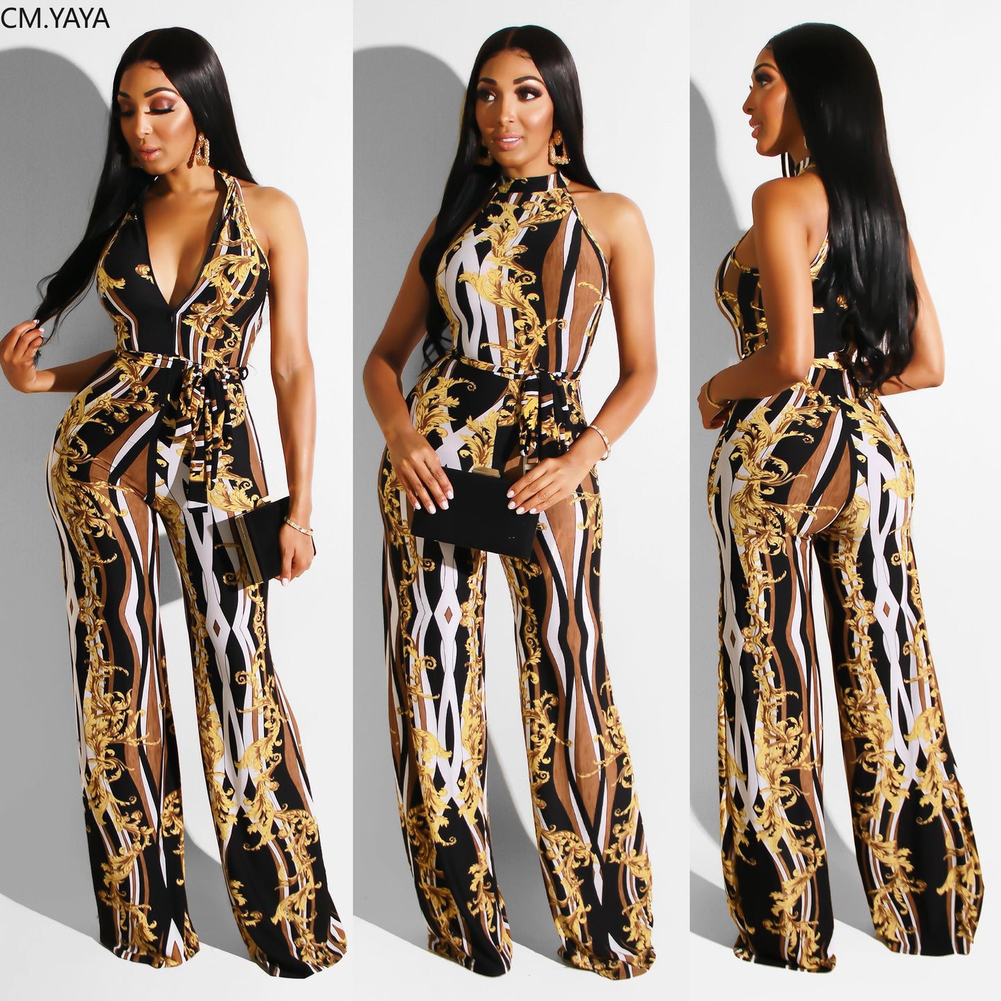 2019 Women Summer Chain Vintage Print Sleeveless High Waist Jumpsuit - Executive-Skincare