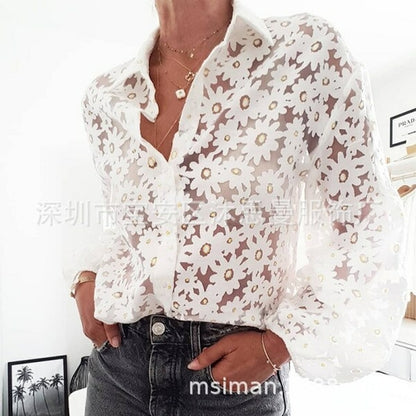 2021 Hot Sale Lapel Sweater Floral Print Sexy Perspective Long Sleeve - Executive-Skincare