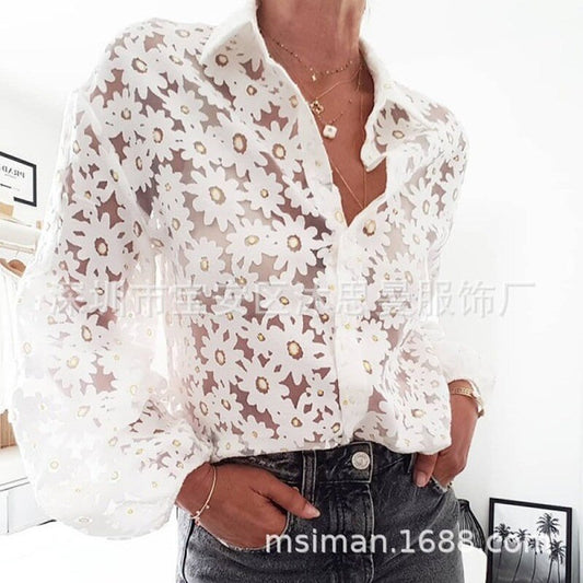 2021 Hot Sale Lapel Sweater Floral Print Sexy Perspective Long Sleeve - Executive-Skincare