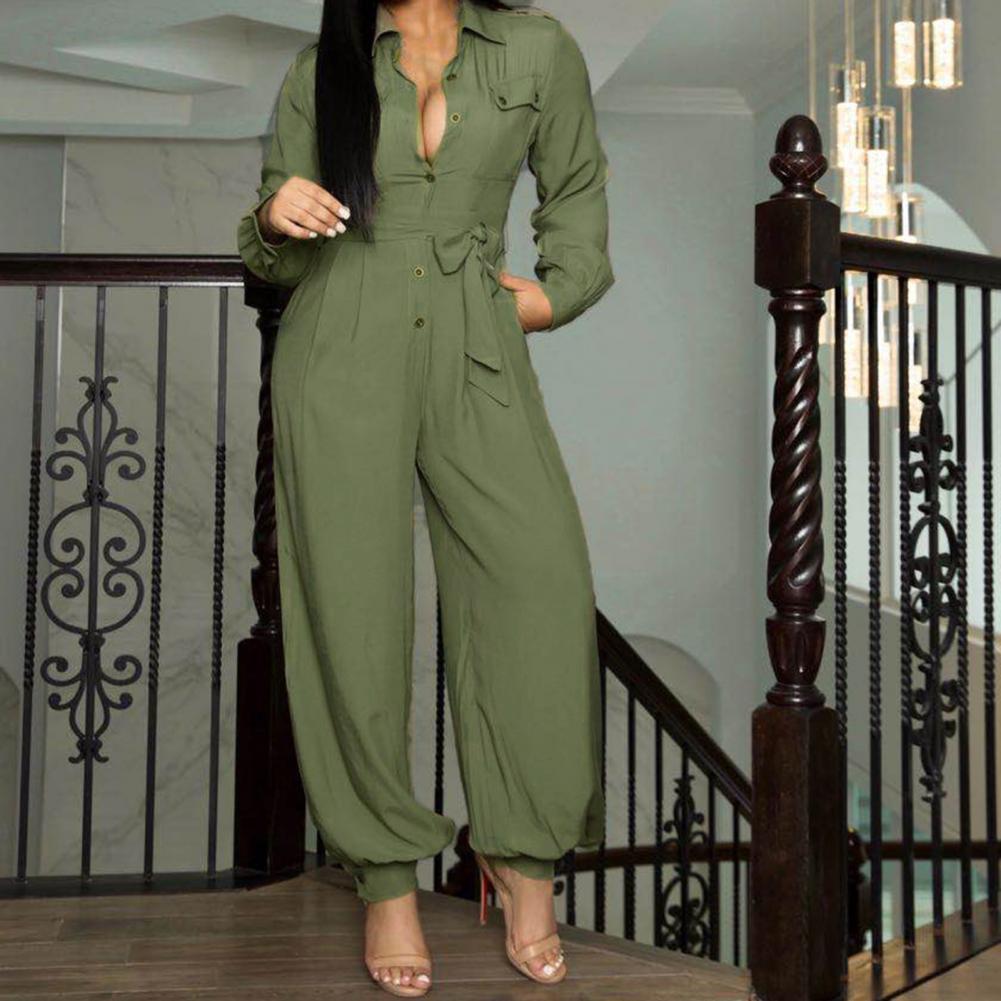 2021 Hot Sale Women Jumpsuit Solid Color Turndown Collar Autumn Lapel - Executive-Skincare