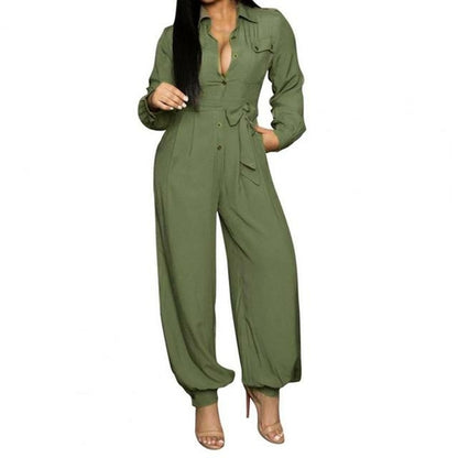 2021 Hot Sale Women Jumpsuit Solid Color Turndown Collar Autumn Lapel - Executive-Skincare