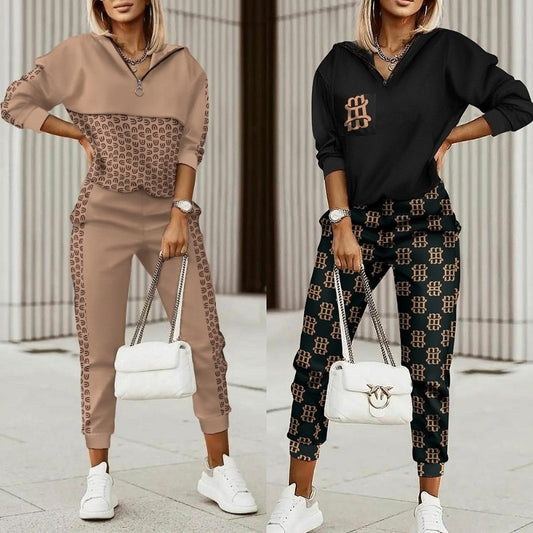 2021 New Fashion Women Plaid Print Zipper Front Hooded Top & Pants Set - Executive-Skincare