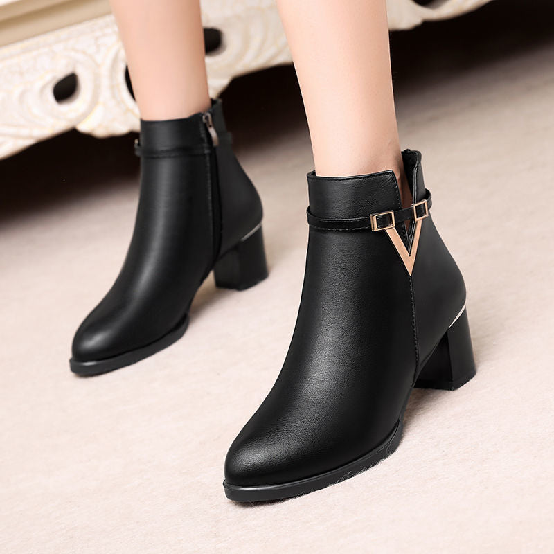 2021 Winter Women's Ankle Boots Black Plus Cotton Warm PU Leather - Executive-Skincare