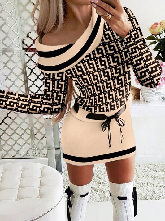 2022 Autumn Dresses For Women Geometric Print Belted Long Sleeve Dress - Executive-Skincare