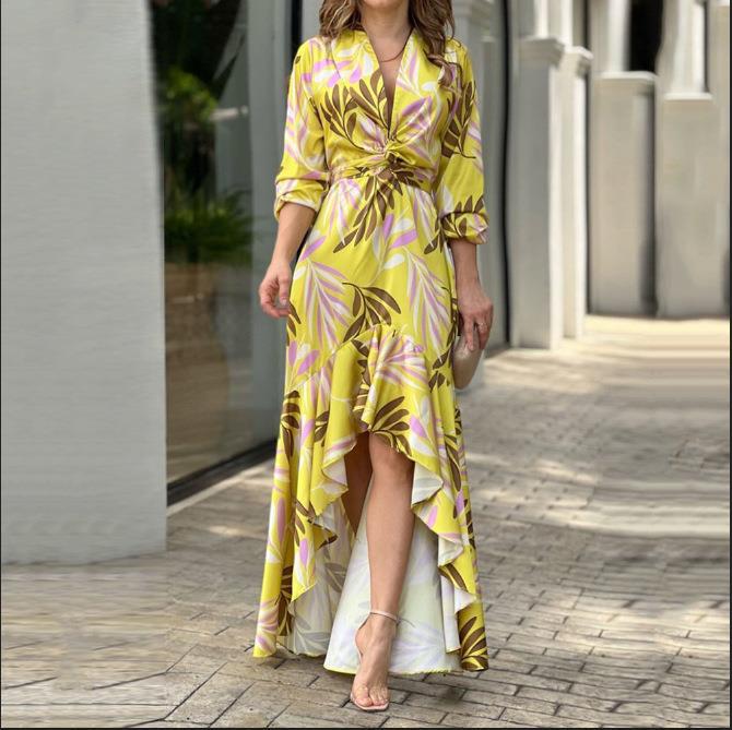 2023 Autumn New Women Printed V-neck High-waisted Long-sleeved Dress