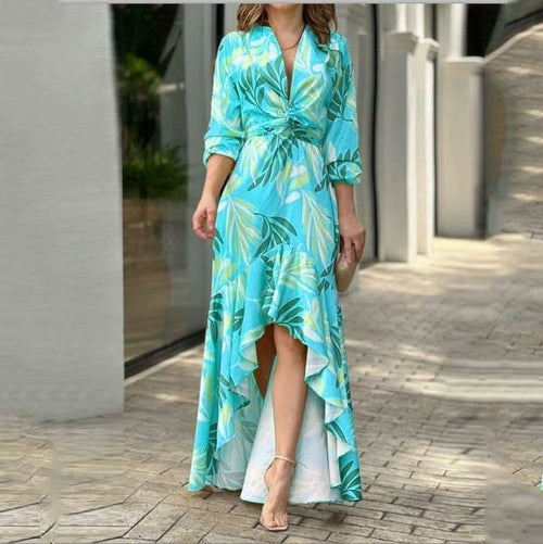 2023 Autumn New Women Printed V-neck High-waisted Long-sleeved Dress