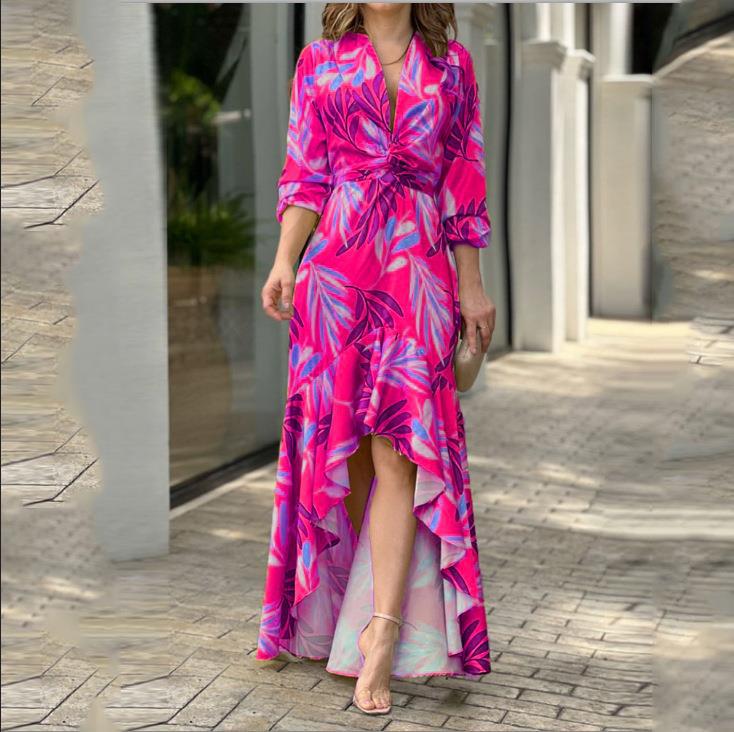 2023 Autumn New Women Printed V-neck High-waisted Long-sleeved Dress