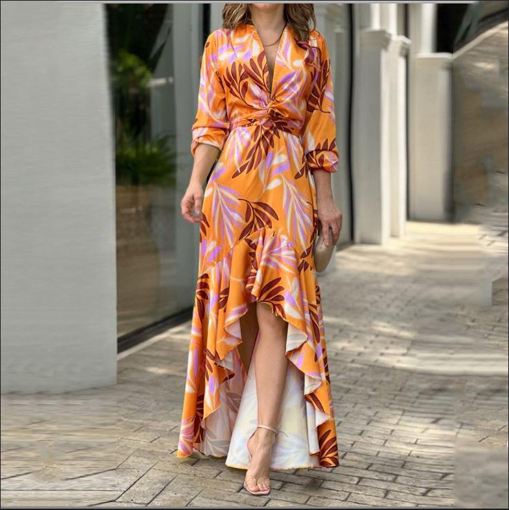 2023 Autumn New Women Printed V-neck High-waisted Long-sleeved Dress