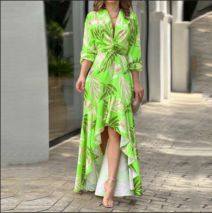 2023 Autumn New Women Printed V-neck High-waisted Long-sleeved Dress