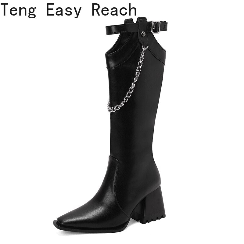 2023 Fashion White Women Knee High Boots Sexy Pointed Toe Square Heels