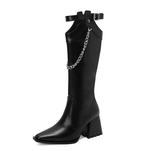 2023 Fashion White Women Knee High Boots Sexy Pointed Toe Square Heels