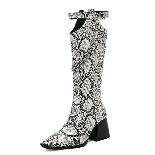 2023 Fashion White Women Knee High Boots Sexy Pointed Toe Square Heels