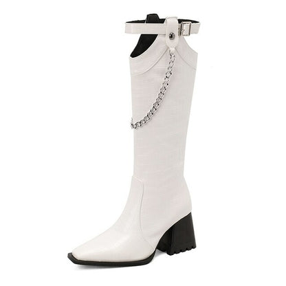 2023 Fashion White Women Knee High Boots Sexy Pointed Toe Square Heels