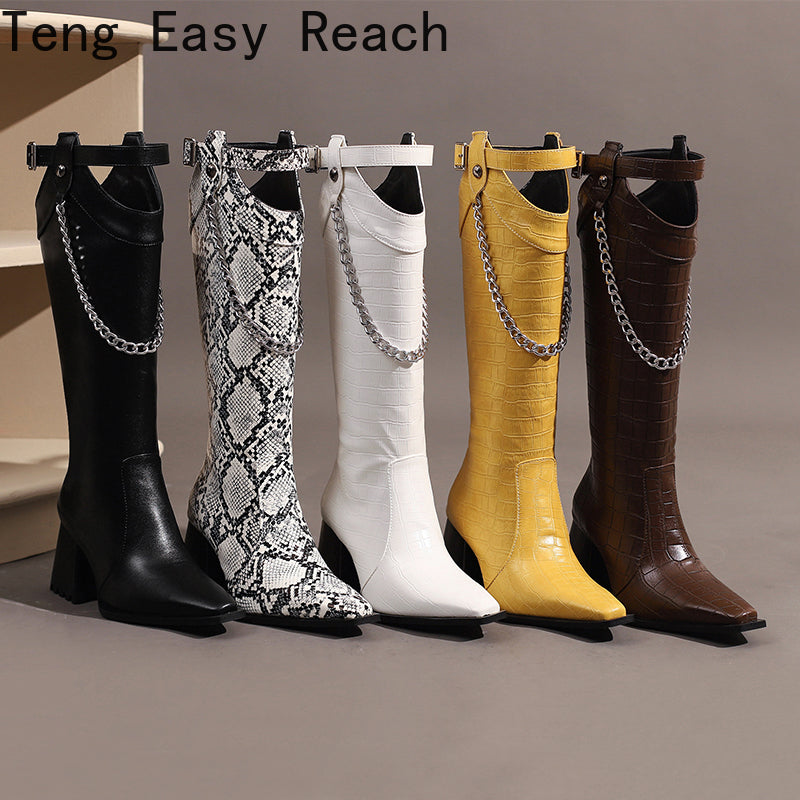 2023 Fashion White Women Knee High Boots Sexy Pointed Toe Square Heels