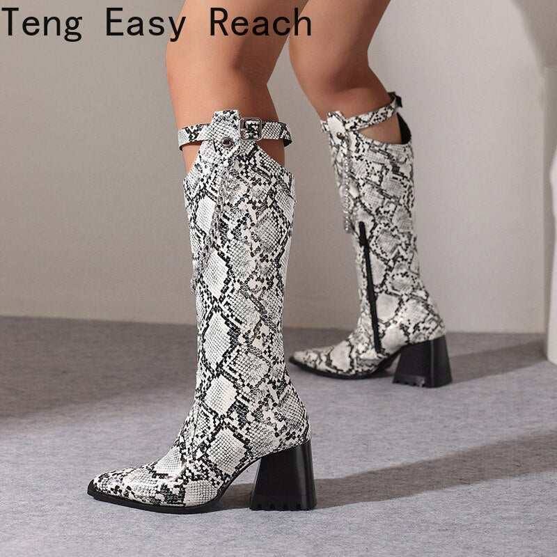 2023 Fashion White Women Knee High Boots Sexy Pointed Toe Square Heels