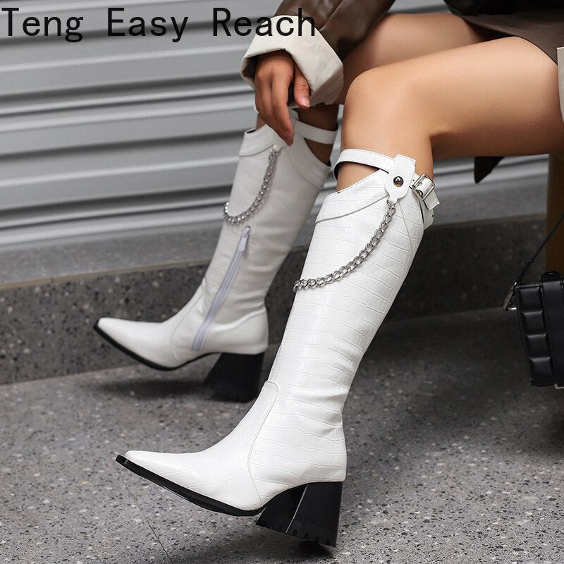 2023 Fashion White Women Knee High Boots Sexy Pointed Toe Square Heels