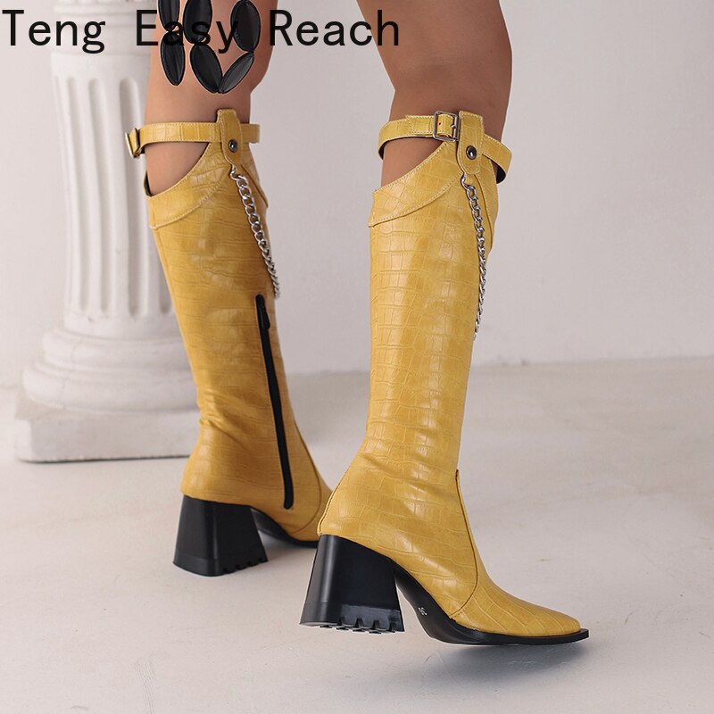 2023 Fashion White Women Knee High Boots Sexy Pointed Toe Square Heels