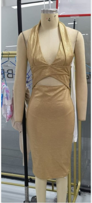 2022 New Gold Fashion Women Dress Backless Halter Deep V-neck Wrap Hip - Executive-Skincare