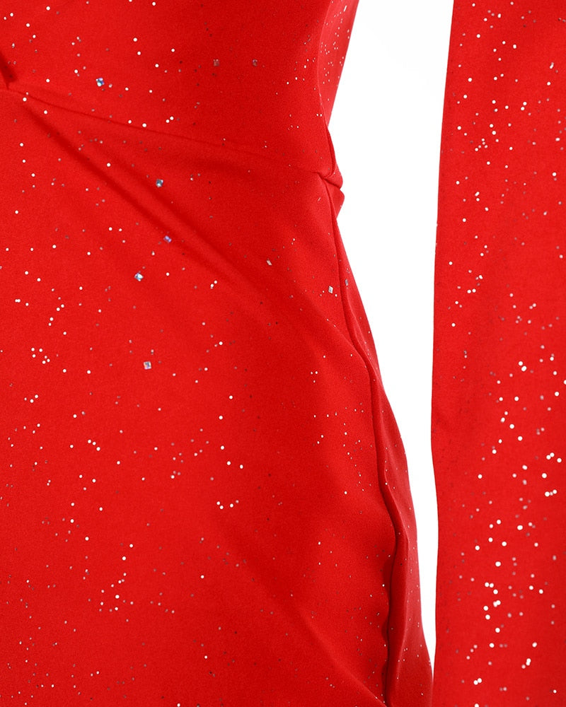 2022 New Year Red Christmas Party Dress Women V Neck Glitter Ruched - Executive-Skincare