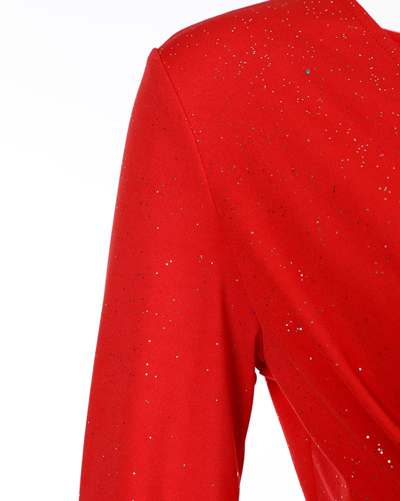 2022 New Year Red Christmas Party Dress Women V Neck Glitter Ruched - Executive-Skincare