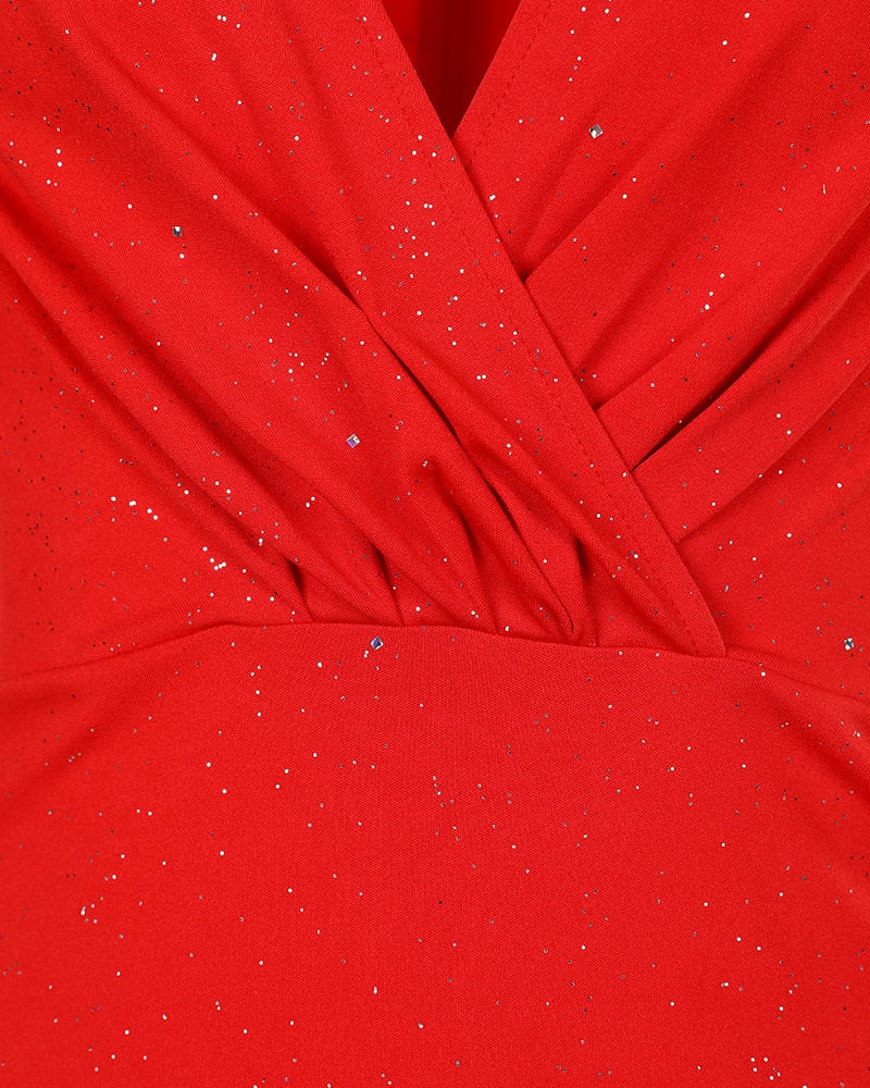 2022 New Year Red Christmas Party Dress Women V Neck Glitter Ruched - Executive-Skincare