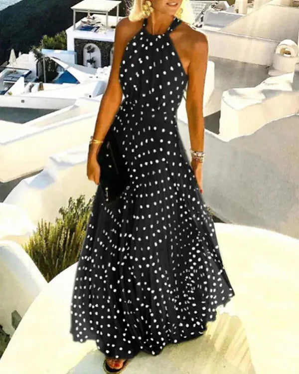 2022 Summer New Sexy Halter Off Shoulder Dress Wave Dot Printed - Executive-Skincare