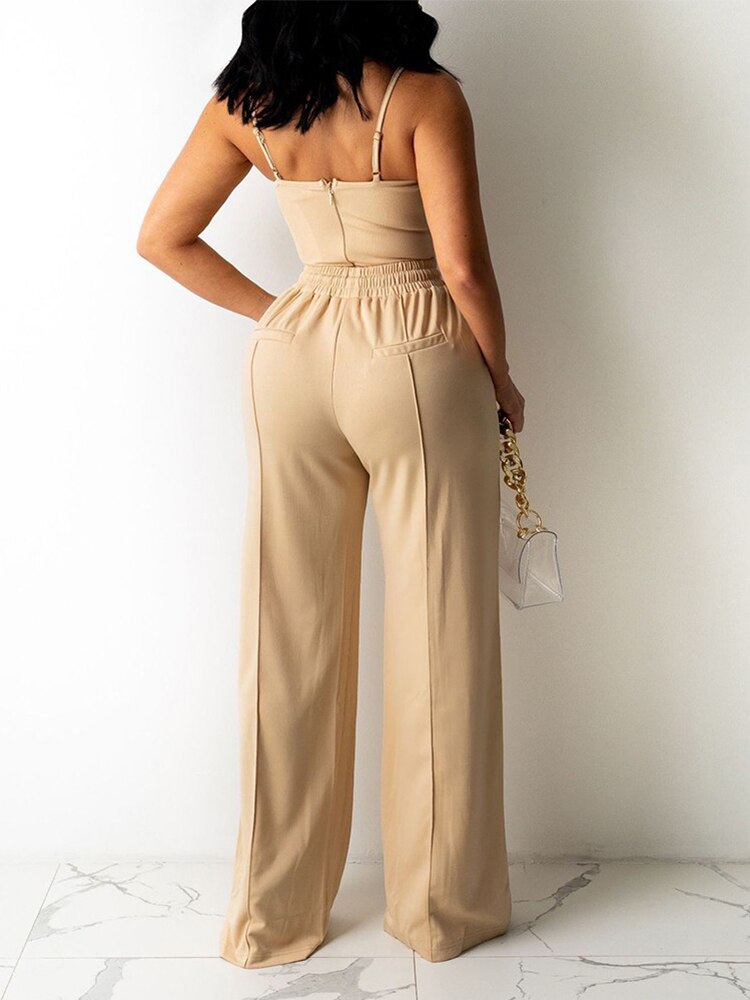 Zipper Back Cami Top & Contrast Pipping Wide Leg Pants - Executive-Skincare