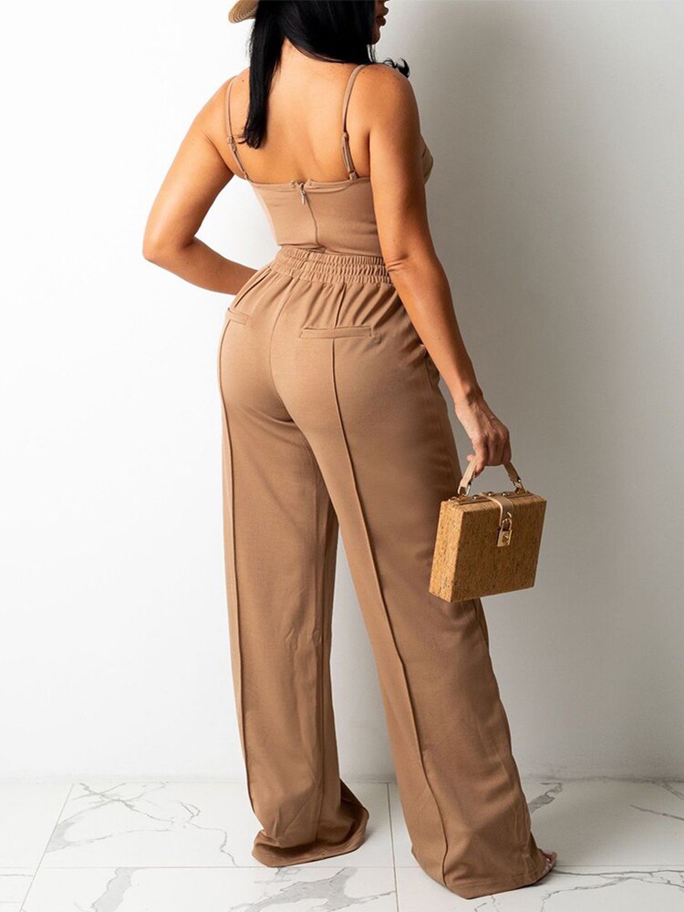 Zipper Back Cami Top & Contrast Pipping Wide Leg Pants - Executive-Skincare