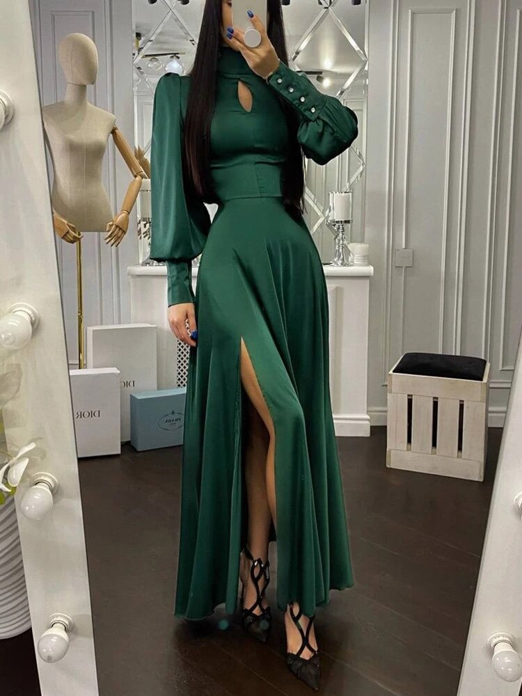 2023 Women V-neck Lace-up Long Party Dress Spring Autumn Solid Full