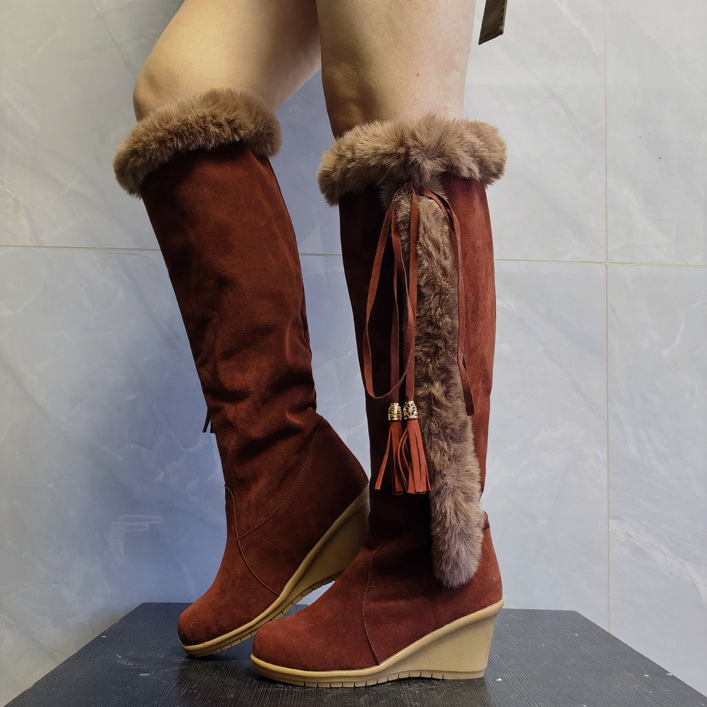 Winter Plush Long Boots For Women Combat Boots Wedges Shoes - Executive-Skincare