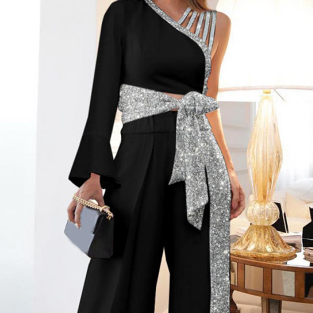 2pcs/set Women Outfit Bandage Bowknot Long Pants Wide Leg One Shoulder - Executive-Skincare